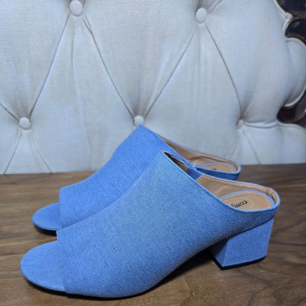 Comfortview denim peep toe block heel mules 10.5 WW